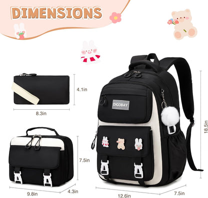 DIGOBAY Girls Backpack, School Backpack for Girls with Lunch Box Pencil Case Set for Teen Kids Girl Elementary Primary Middle High College School Bookbag with Cute Pins Pink