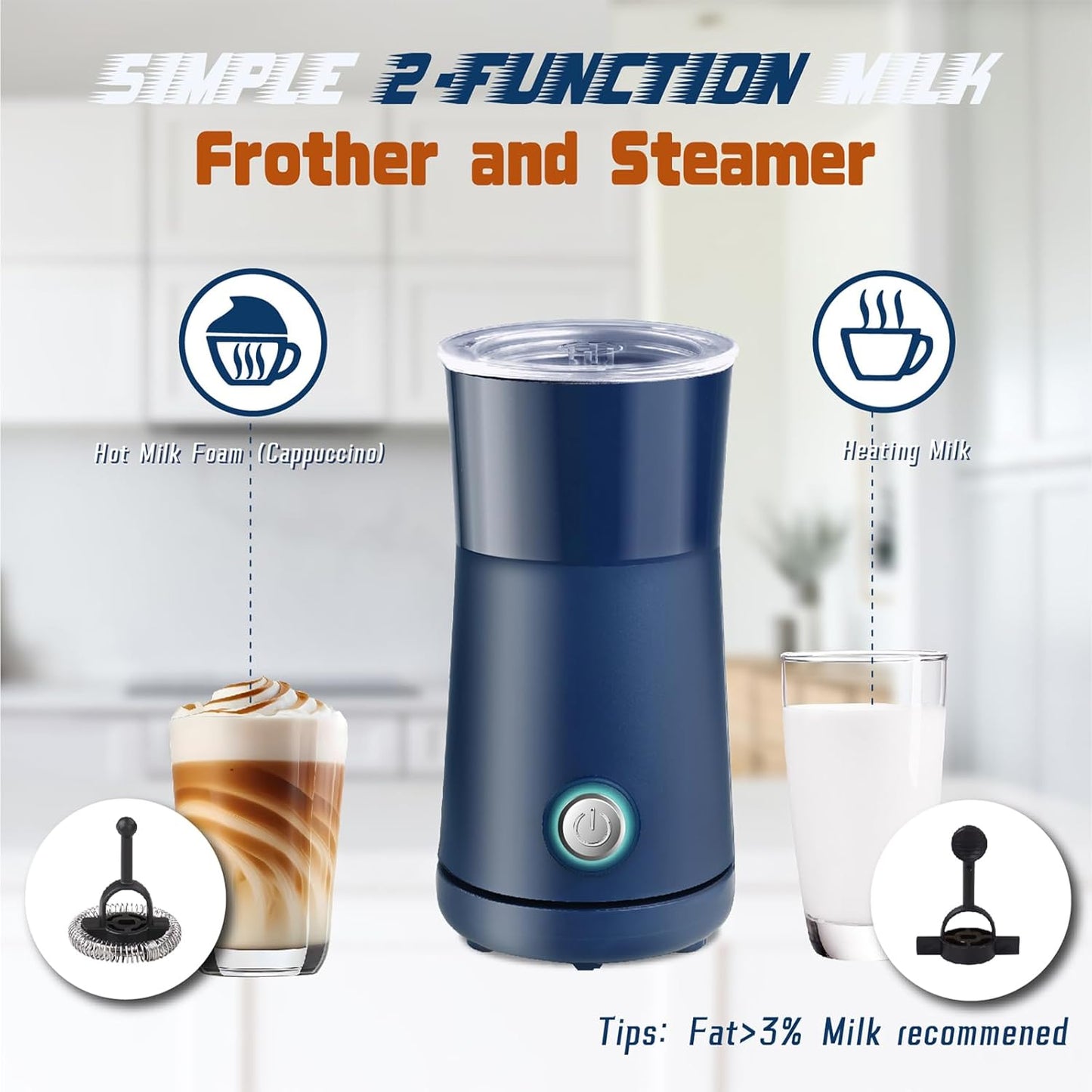 Seydere Simple Milk Frother, 2 in 1 Milk Steamer and Frother, Electric Milk Steamer, Milk Warmer and Hot Milk Foam Maker for Latter, Macchiato, Cappuccinos (White)