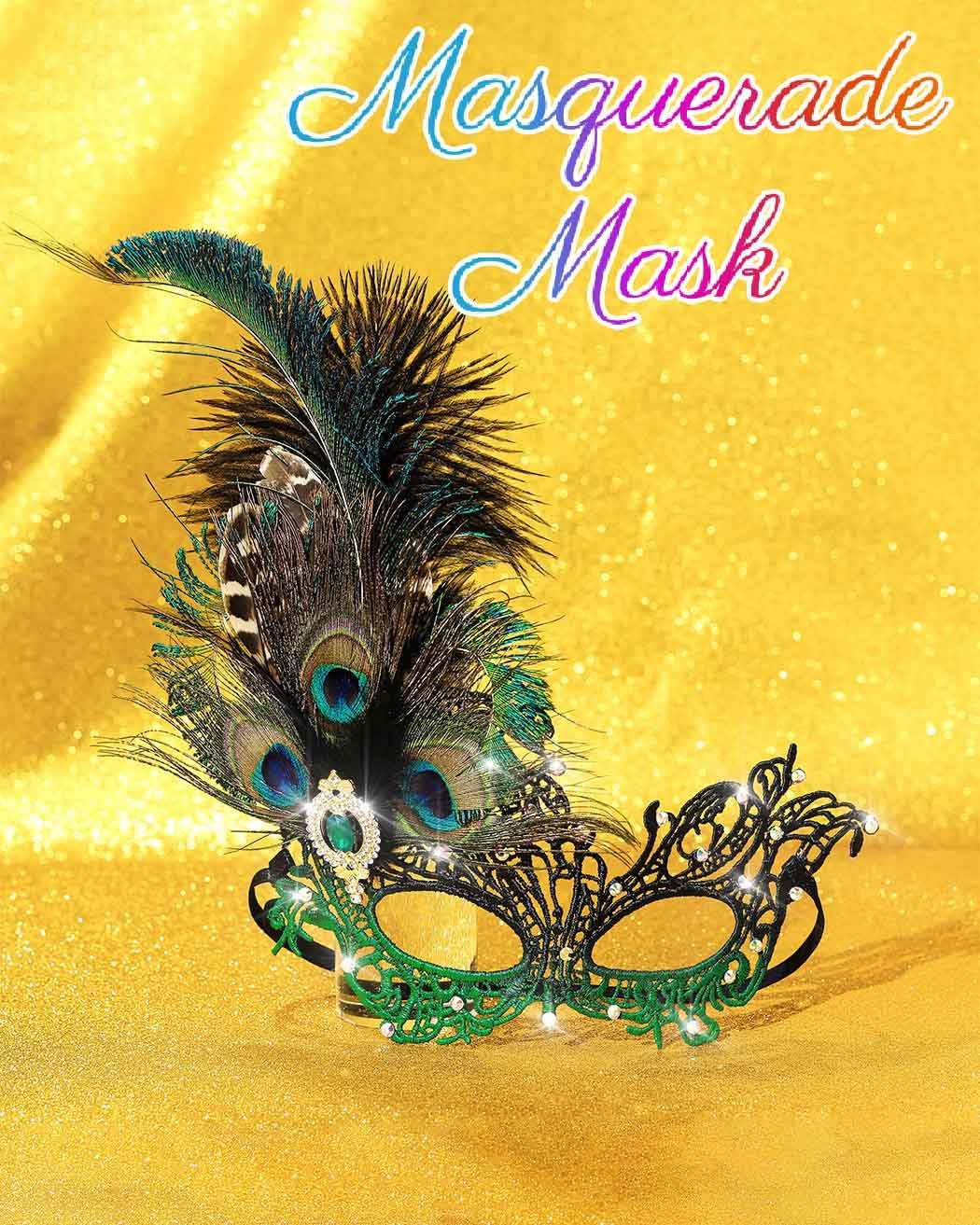 Campsis Peacock Feather Masquerade Mask Green Rhinestone Lace Mask for Women