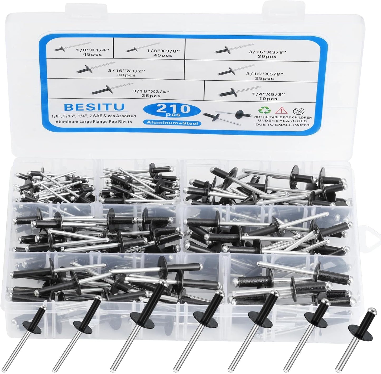 Besitu 210Pcs Pop Rivets Assortment Kit, 1/8" 3/16" 1/4" Large Flange Solid Rivets Set Aluminum Grip Stainless Steel Mandrel Blind Rivets for Metal Heavy Duty