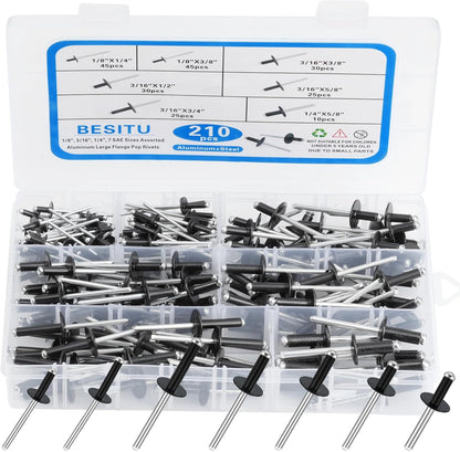 Besitu 210Pcs Pop Rivets Assortment Kit, 1/8" 3/16" 1/4" Large Flange Solid Rivets Set Aluminum Grip Stainless Steel Mandrel Blind Rivets for Metal Heavy Duty