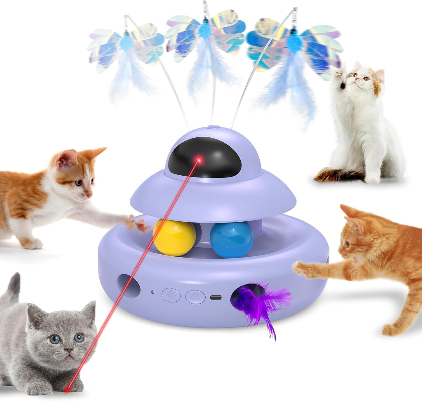 MOHAYA Interactive Cat Toys for Indoor Cats,4-in-1 Automatic Kitten Toy,Motion Activated Electronic Fluttering Butterfly,Track Balls, Moving Feather Toys for All Breeds,USB Rechargeable