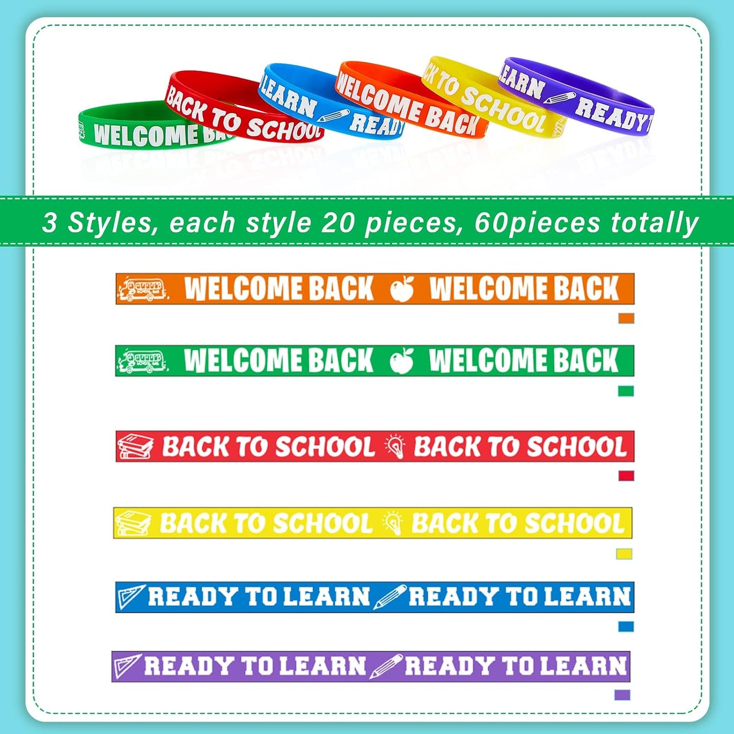 Welcome Back to School Bracelets Silicone Wristbands Rubber First Day of School Favors Rewards School Opens Prize for Students Teens Semester Begins School Party Supplies Decorations