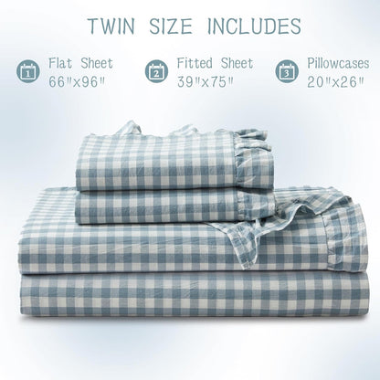 KKJIAF 3 Pieces Plaid Ruffle Twin Bed Sheets, Gingham Twin Sheet Set Comfy Breathable Ruffed Bed Sheet Set with 16 Inch Deep Pocket, Dusty Blue