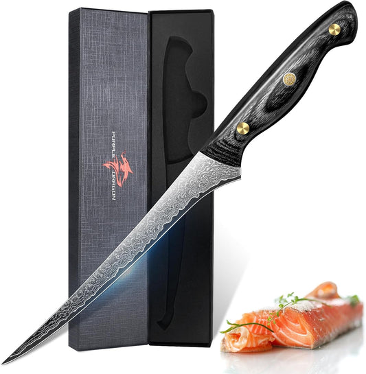 Purple Dragon Damascus Fish Fillet Knife - 7 inch Flexible Boning Knife with VG10 Core, Kitchen Slicing Knife with Full Tang Handle, Birthday Dad Mom Gift