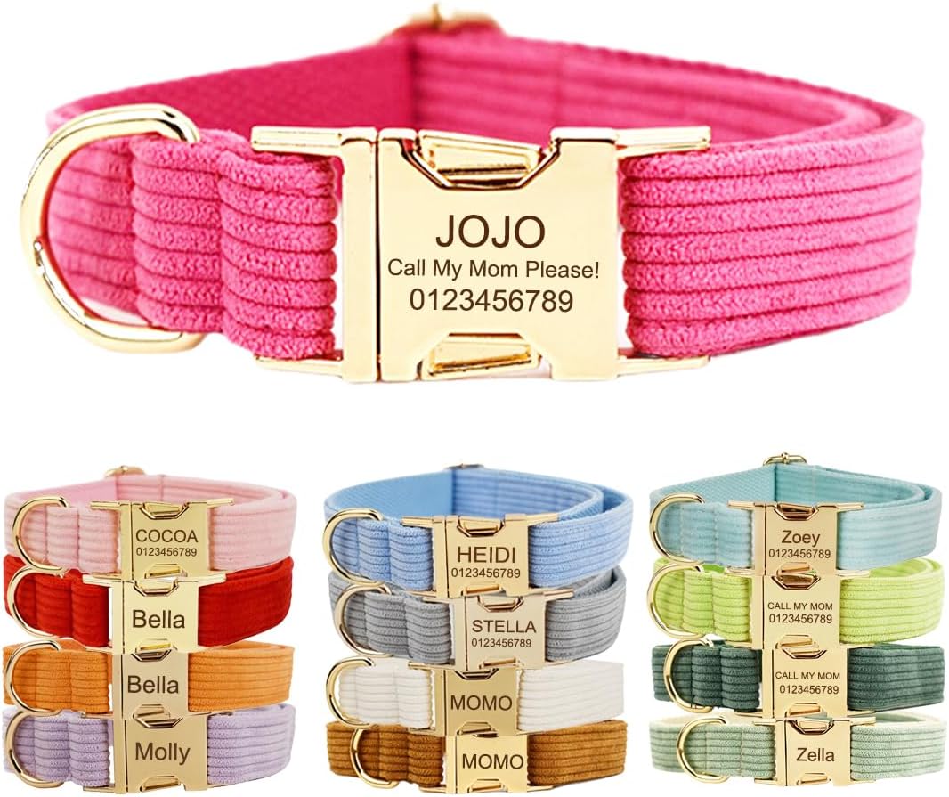 Custom Dog Collar with Metal Buckle - Pet Collars Personalized with Name and Phone Number (Plaid)