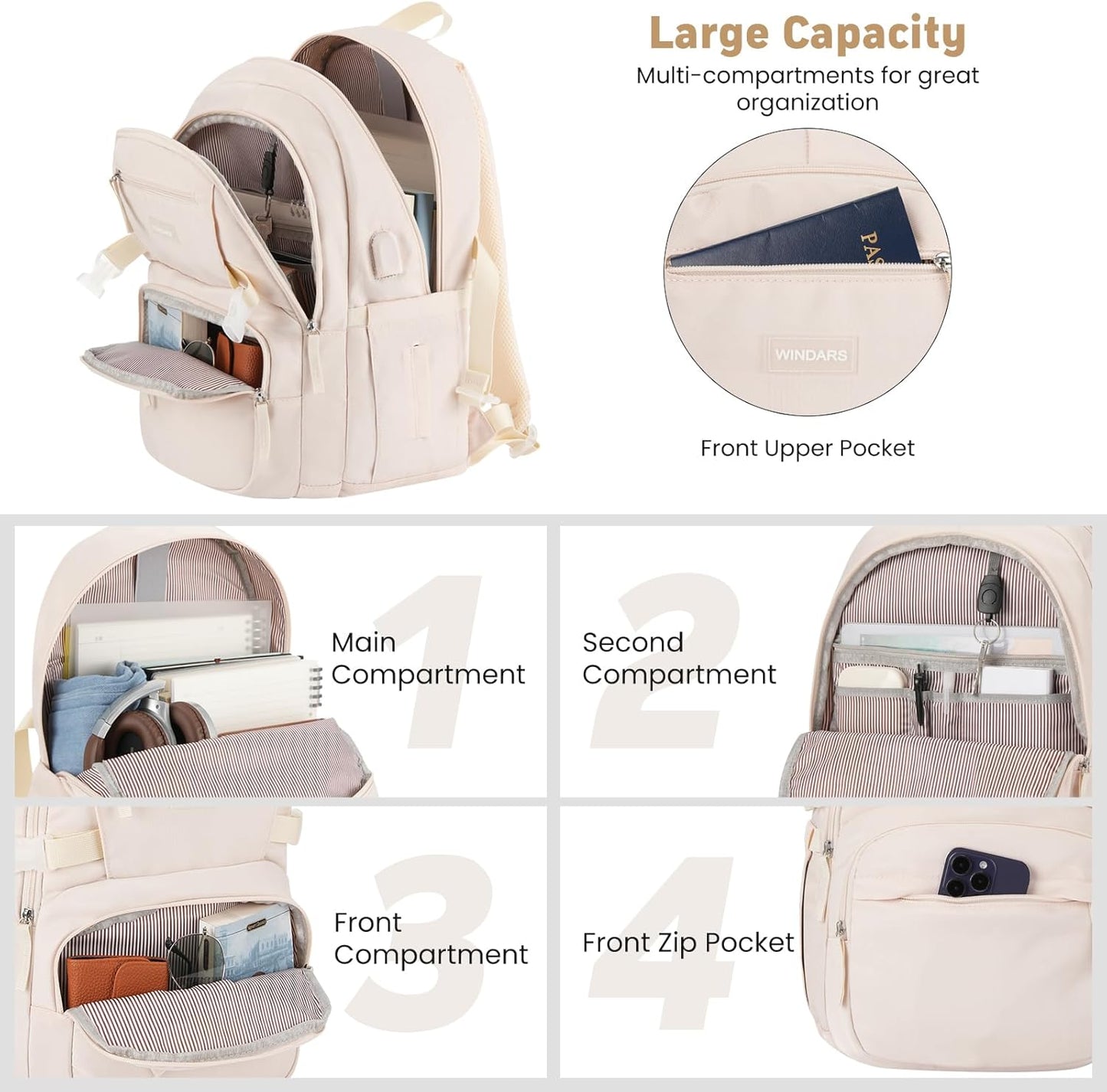 WINDARS Backpack for School Girls, Cute High School Backpacks for Teens Women Student Large Bookbag 15.6 Inch Laptop Bag with USB Charger Port for College Work Travel Trip (Beige Khaki)