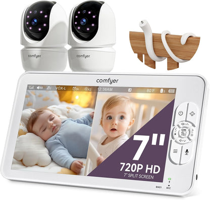 Comfyer 7" HD Split-Screen Baby Monitor with 2 Cameras, Video Baby Monitor with Camera and Audio, Flexible Bracket, Non-WiFi, VOX Mode, 2 Way Audio, Remote PTZ, Auto Night Vision