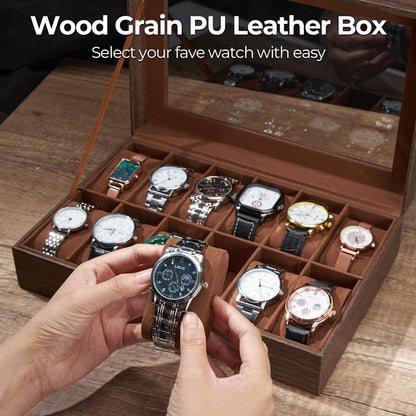 Ohuhu Watch Box Organizer for Men -12 Slot Leather Watch Case with Real Glass Lid Watch Display Case, Watch Organizer Jewelry Storage Box