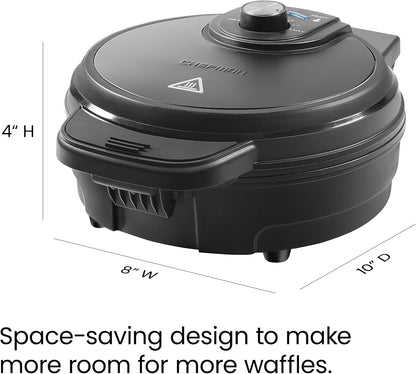 Chefman Anti-Overflow Belgian Waffle Maker w/ Shade Selector, Temperature Control, Mess Free Moat, Round Iron w/ Nonstick Plates & Cool Touch Handle, Measuring Cup Included, Red