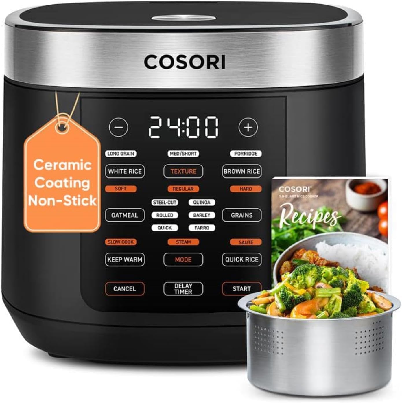 Cosori Micom Rice Cooker, 18 Functions, Nonstick Ceramic Pot, 1000W, 5Qt | Multi Cooker for Rice, Soup, Sauté, Steam, Slow Cooker, Quick Cook, Fuzzy Logic Technology, 24H Keep Warm & Timer, 50 Recipes