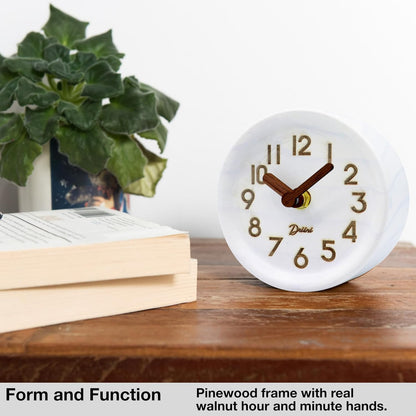 Driini Wooden Analog Desktop Clock – 4.3 in. Decorative Pinewood Clock, No-Tick Design – Easy to Read Silent Sweep Mantle Clock – Quiet Tabletop Clocks with Wood Body, Hands, & Battery Cover; Blue
