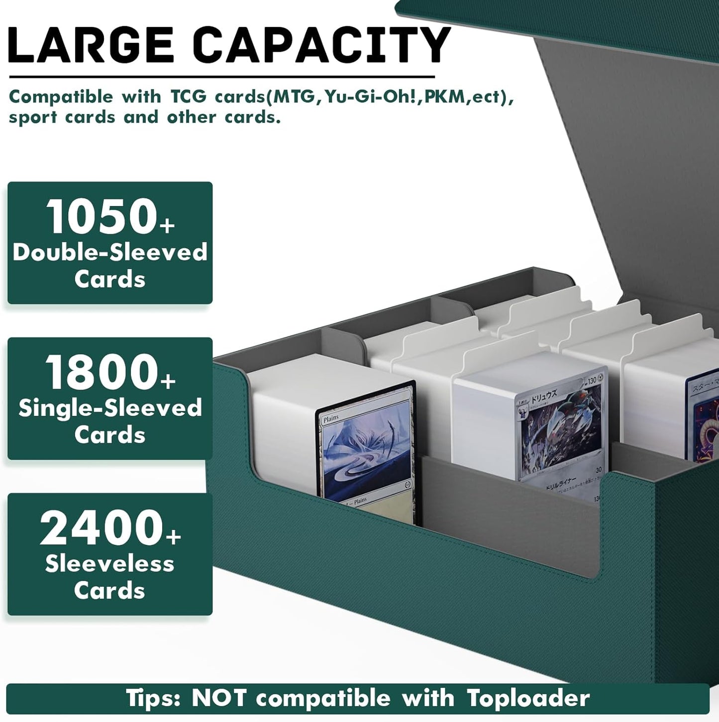 ZLCA Card Storage Box for MTG PTCG, Commander Deck Box Holds 3000+ Cards, Card Storage Case with 4 Stoppers, Card Organizer for TCG Sport Cards (Black)