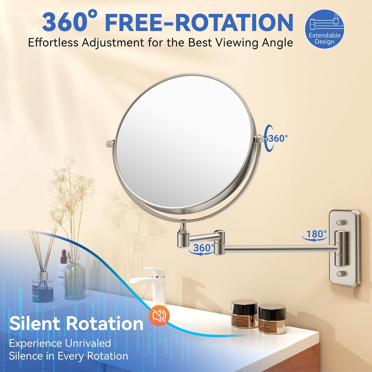 Auxmir Miroir de maquillage mural 30X/1X, miroir grossissant double face de 20,3 cm avec pince à épiler, miroir de maquillage de salle de bain, miroir cosmétique avec bras extensible pivotant à 360°, nickel