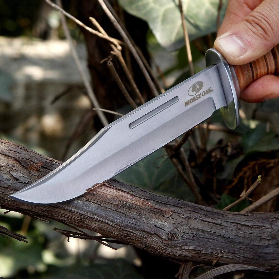 Mossy Oak 2-Piece Bowie Knife, Fixed Blade Hunting Buck Knife Set Leather Handle with Sheath