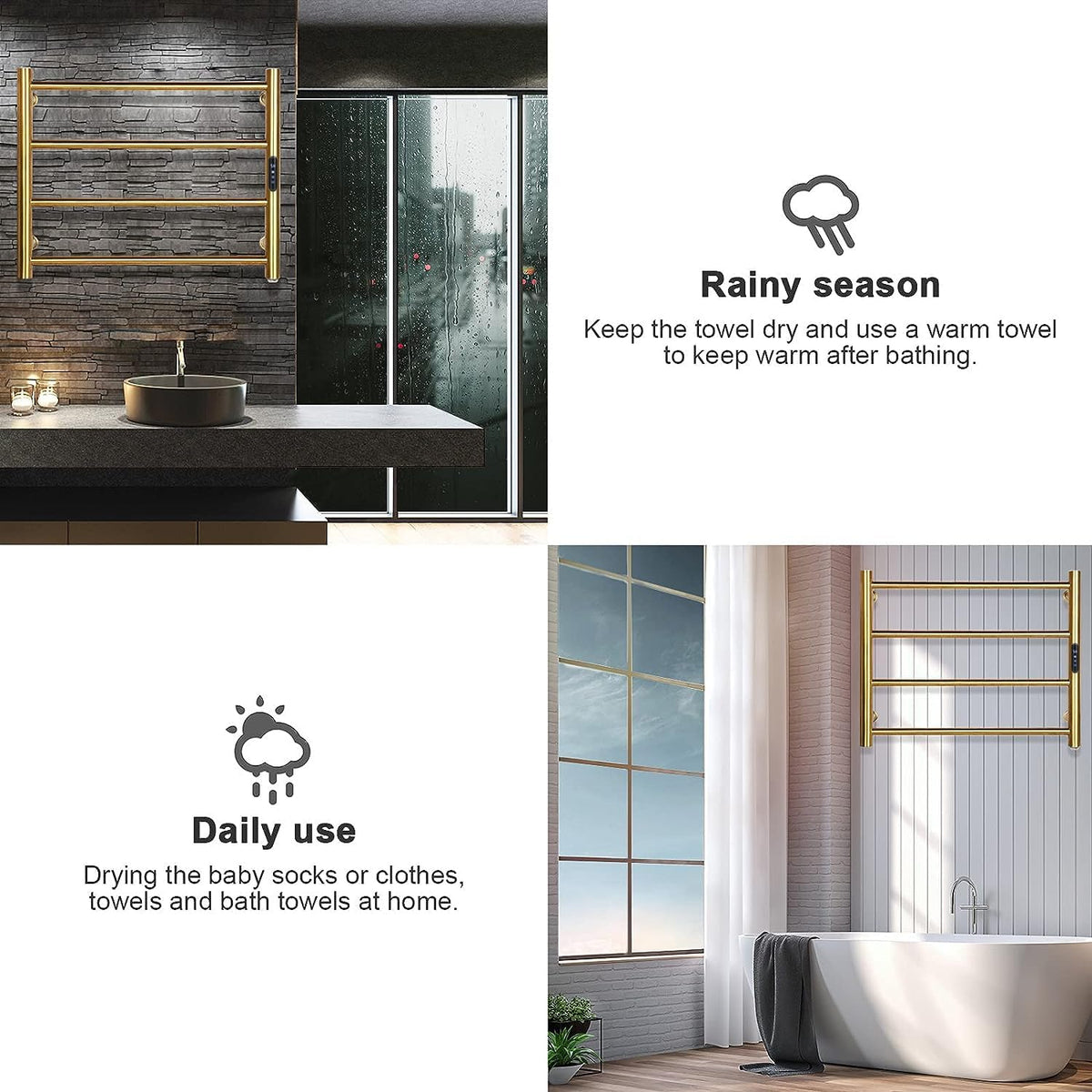 Heated Towel Rack Gold, 4 Bars Towel Warmer Rack for Bathroom Wall Mounted, Timer & Temperature Control Electric Towel Drying Rack (4 Bars Brushed Gold D, Hardwired)