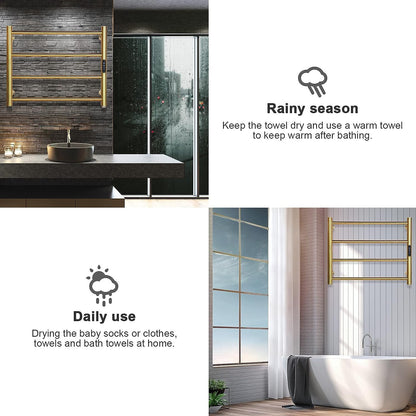 Heated Towel Rack Gold, 4 Bars Towel Warmer Rack for Bathroom Wall Mounted, Timer & Temperature Control Electric Towel Drying Rack (4 Bars Brushed Gold D, Hardwired)