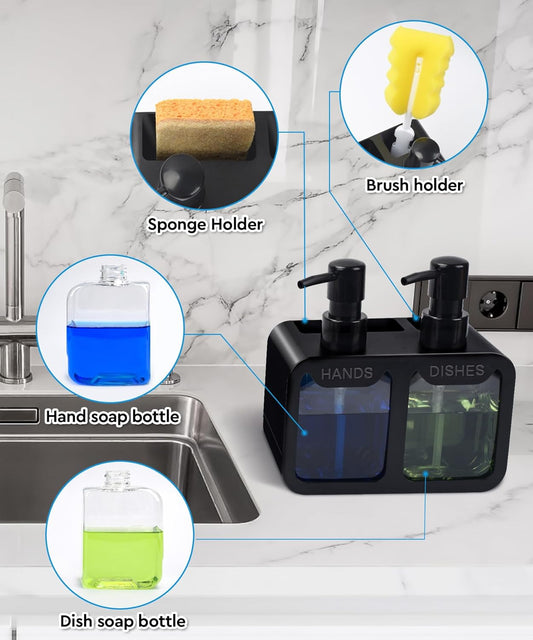 Kitchen Hand Soap and Dish Soap Dispenser Set – Dual Pump Soap Dispenser with Sponge and Brush Holder, 4-in-1 Sink Organizer, BPA-Free, Compact Kitchen Countertop Storage, Black