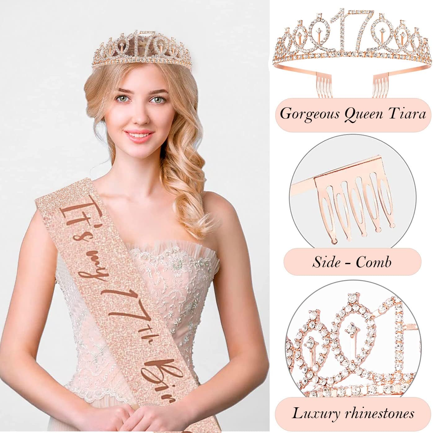 8pcs 40th Birthday Decorations gifts for Women, Including 40th Happy Birthday Cake Topper, Queen Sash with Pearl Pin, Sweet Rhinestone Tiara Crown for Women, Number Candles and Balloons (Rose Gold)