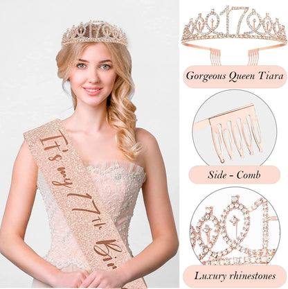 8pcs 40th Birthday Decorations gifts for Women, Including 40th Happy Birthday Cake Topper, Queen Sash with Pearl Pin, Sweet Rhinestone Tiara Crown for Women, Number Candles and Balloons (Rose Gold)