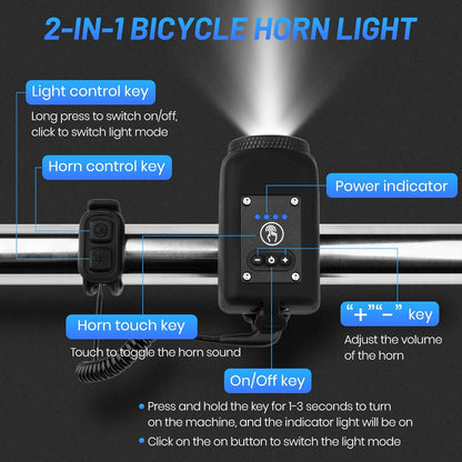 Bike Horn with Light, 110 dB Bicycle Electric Horn Front Headlight, 6 Sounds and 4 Light Modes, Adjustable Brightness Volume, USB Rechargeable, Battery Powered