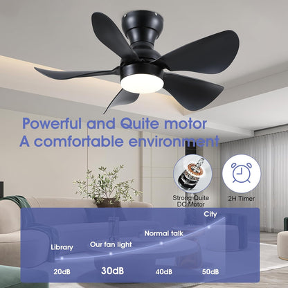 Modern Ceiling Fans with Lights Remote/APP Control, 29" Flush Mount Ceiling Fans with 3 CCT Dimmable Lights, Low Profile Ceiling Fans with 5 Propeller Blades LED Lights for Kids Room Bedroom, Brown - PuriLite