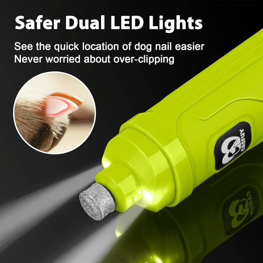 Casfuy Dog Nail Grinder with 2 LED Light - New Version 2-Speed Powerful Electric Pet Nail Trimmer Professional Quiet Painless Paws Grooming & Smoothing for Small Medium Large Dogs(Green) - PuriLite