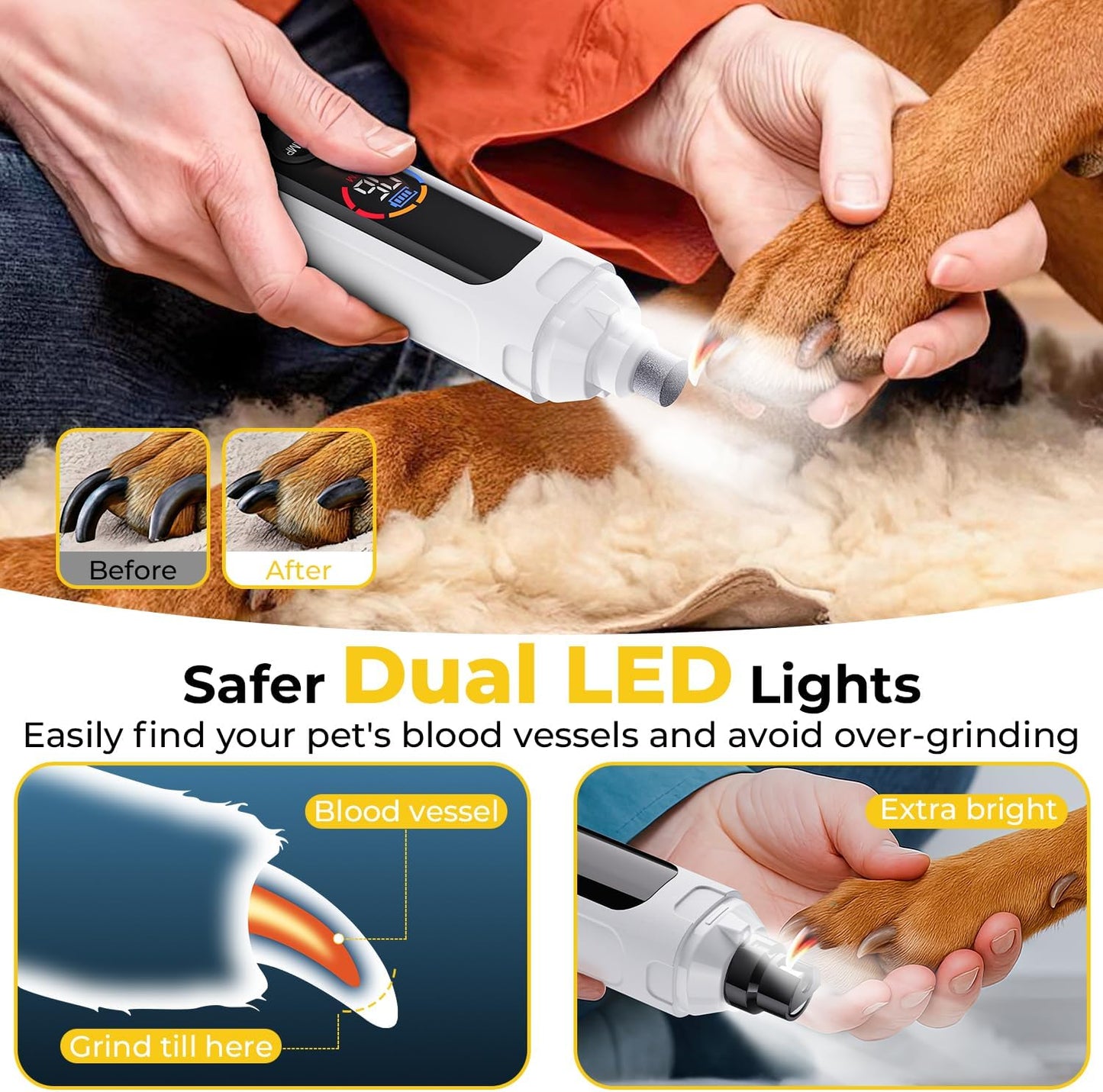 Dog Nail Grinder 6-Speed with LED Display, Dog & Cat Nail Clippers and Trimmers, Pet Nail Grinder with 2 LED Lights - Super Quiet Rechargeable Claw Trimmer for Large Medium Small Puppy Dogs/Cats