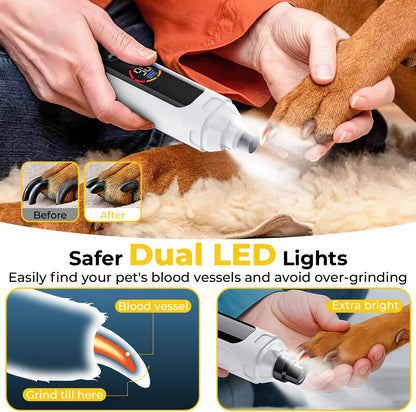 Dog Nail Grinder 6-Speed with LED Display, Dog & Cat Nail Clippers and Trimmers, Pet Nail Grinder with 2 LED Lights - Super Quiet Rechargeable Claw Trimmer for Large Medium Small Puppy Dogs/Cats