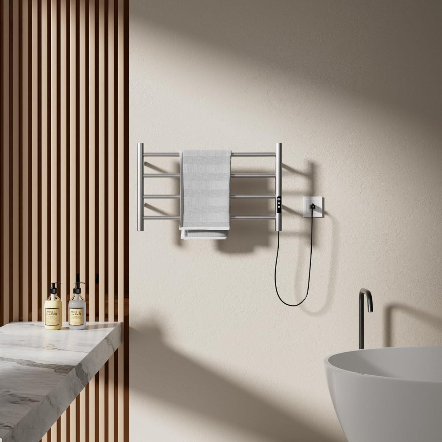 POPFLY Heated Towel Rack, Wall Mounted Electric Hot Towel Warmer, 4-Bar 304 Stainless Steel Small Heated Towel Warmer Rack for Bathroom with Timer and Temperature Control, Brushed