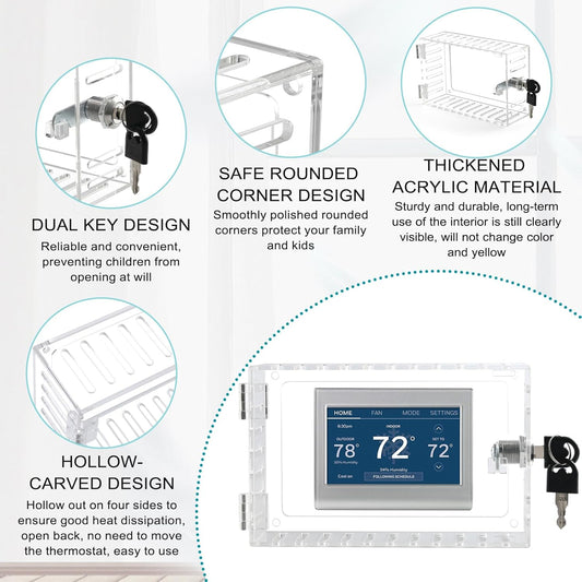 SUTINE Thermostat Lock Box with Key, Universal Acrylic Thermostat Cover with Lock, Large Thermostat Lock Box Clear Lock Box Thermostat Guards for Wall Thermostats, Restaurants, Wall AC Panel, School - PuriLite