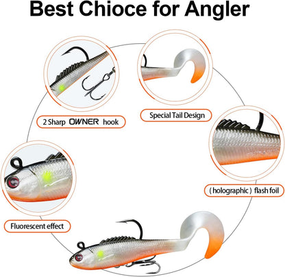 TRUSCEND Easy Catch Pre-Rigged Soft Lures, Unique Vibrating Swim Action and Trembly Sinking Move for More Bites, Amazing Soft Swimbait for Family Fishing, Fishing Lures for Bass Trout Crappie Walleye