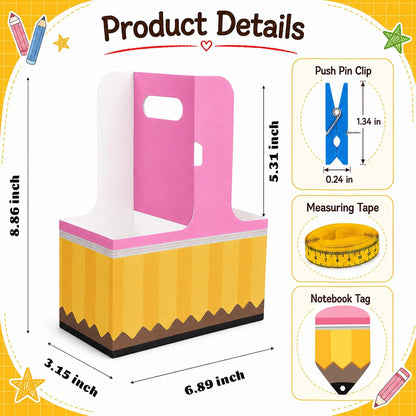 24 Set Back to School Teacher Gifts 2 Cup Drink Carrier with Greeting Card Ribbon Wooden Push Pins, Teacher Cup Holders with Handle for First Day of School Supplies Party Favors Gift
