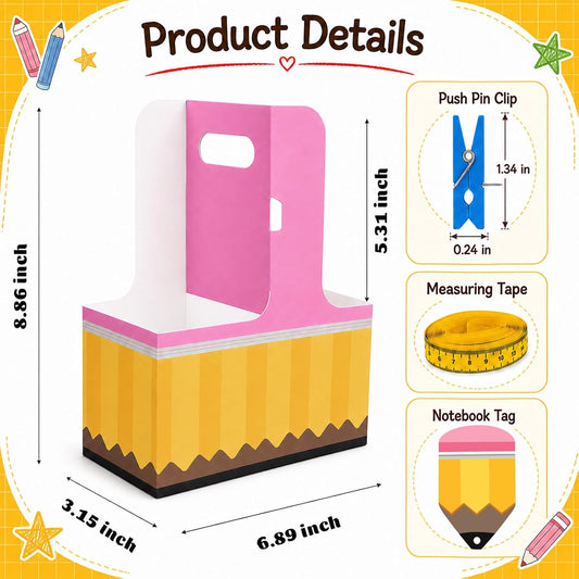 24 Set Back to School Teacher Gifts 2 Cup Drink Carrier with Greeting Card Ribbon Wooden Push Pins, Teacher Cup Holders with Handle for First Day of School Supplies Party Favors Gift