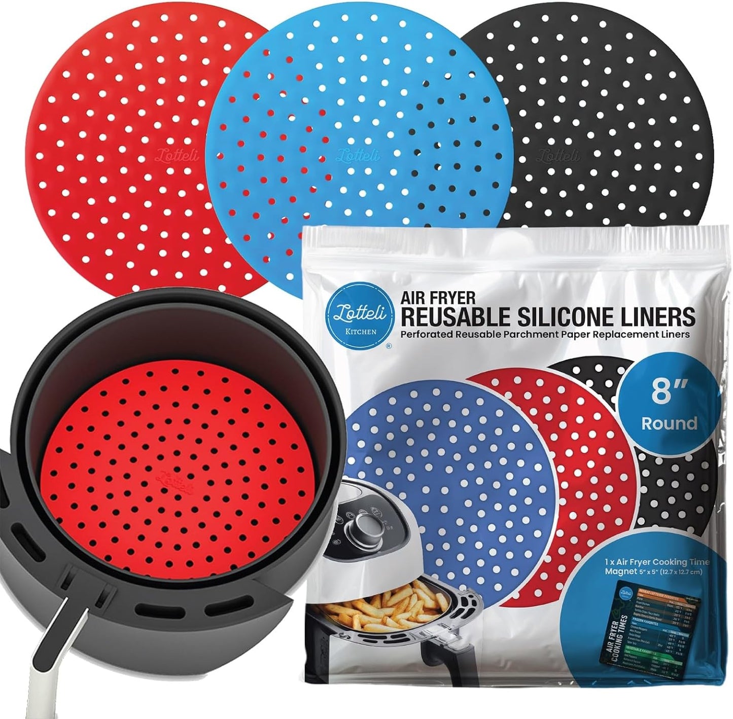 Collapsible Silicone Air Fryer Basket Liners Pot - AirFryer Liners Reusable Bowls for 5 Quart or Bigger - Air Fryer Accessories 2 Pack - Round Silicone Liners (Red & Black)