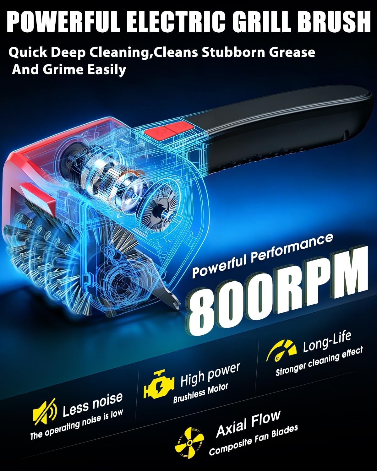Electric BBQ Grill Brush,800RPM Automatic Grill Cleaner for Outdoor Grill with 2-Speed & 20kg Torque–Last 3.5H, LED Light for Night,No Bristle Drop Safe for Cast Iron Stainless,Gifts for Men Dad