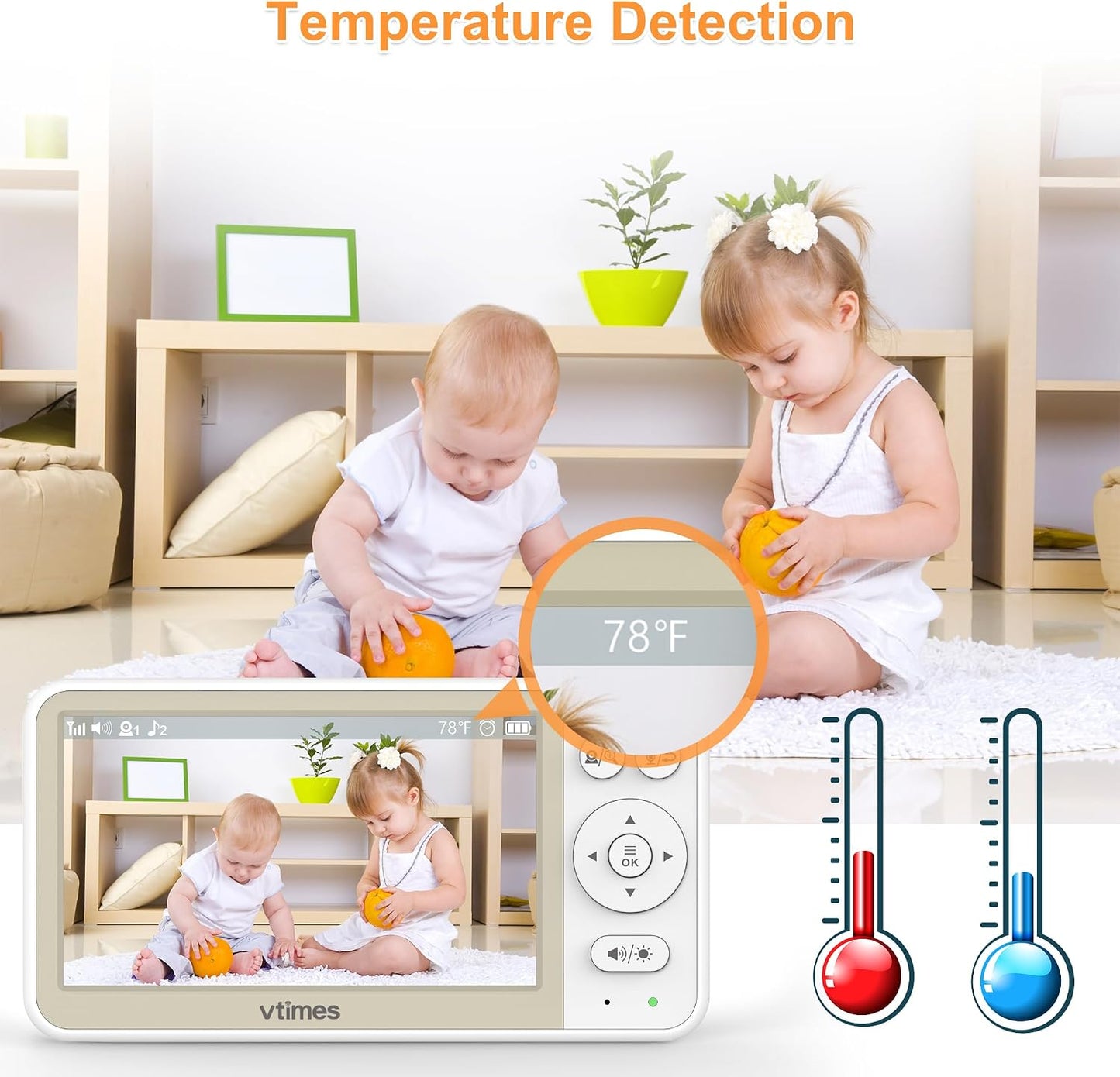 VTimes No WiFi Baby Monitor Camera & Auido, 5" Screen with 30Hr Battery Pan-Tilt-Zoom, VOX Mode, Two-Way Audio, Night Vision, 1000ft Long Range，Temperature Alert, Lullabies,French & English