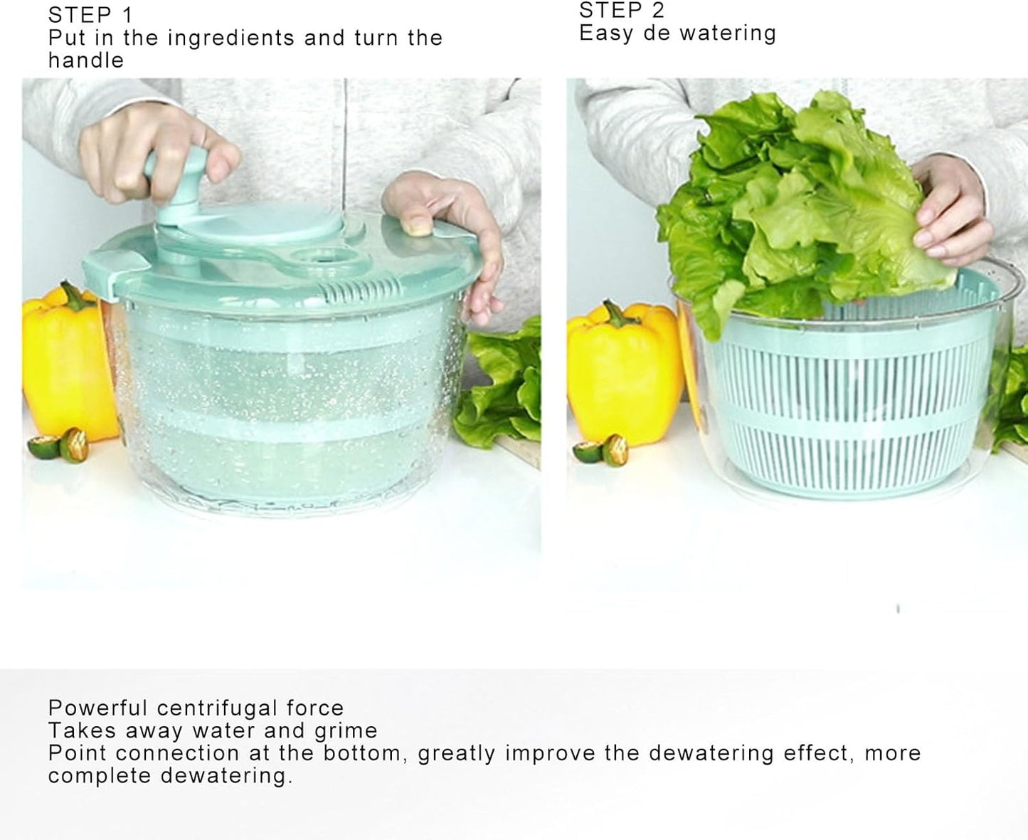 GOWENIC Salad Spinner, Fruit and Vegetable Washer, Fruits and Lettuce Dryer, Lettuce Spinner with Bowl, Fast One Handed Manual Salad Washer Spinner for Vegetable Fruit Lettucefruit