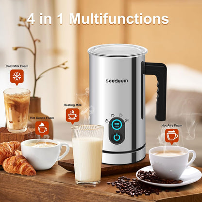 Milk Frother, Seedeem 4-in-1 Electric Milk Steamer, 10.2oz/300ml Automatic Warm and Cold Milk Foamer, Stainless Steel Milk Steamer for Latte, Cappuccinos, Hot Chocolate Milk ……