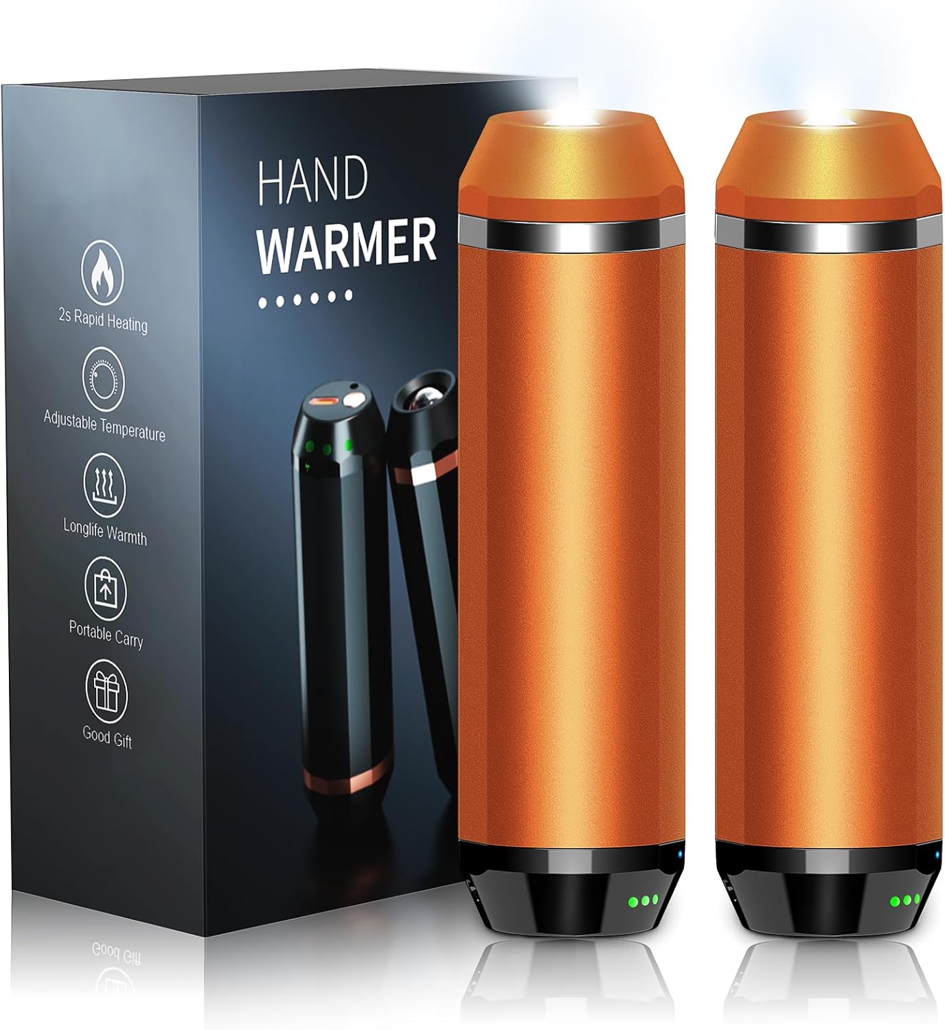 Veeool Rechargeable Hand Warmers 5000mAh (2 Pack) – Magnetic Electric Hand Warmer with Flashlight, 3 Heat Levels, Fast Heating Pocket Heater for Outdoor Camping, Hiking, Hunting, Golf, Football – Compact, Orange - PuriLite