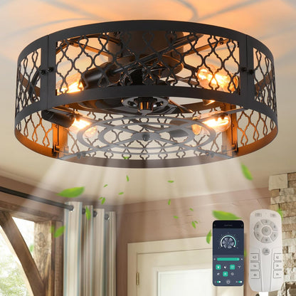 Garwarm Caged Low Profile Ceiling Fan with Lights and Remote, 20in Rustic Flush Mount Small Farmhouse Bladeless Ceiling Fan for Bedroom, Kitchen, Dining Room