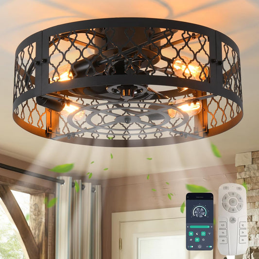 Garwarm Caged Low Profile Ceiling Fan with Lights and Remote, 20in Rustic Flush Mount Small Farmhouse Bladeless Ceiling Fan for Bedroom, Kitchen, Dining Room