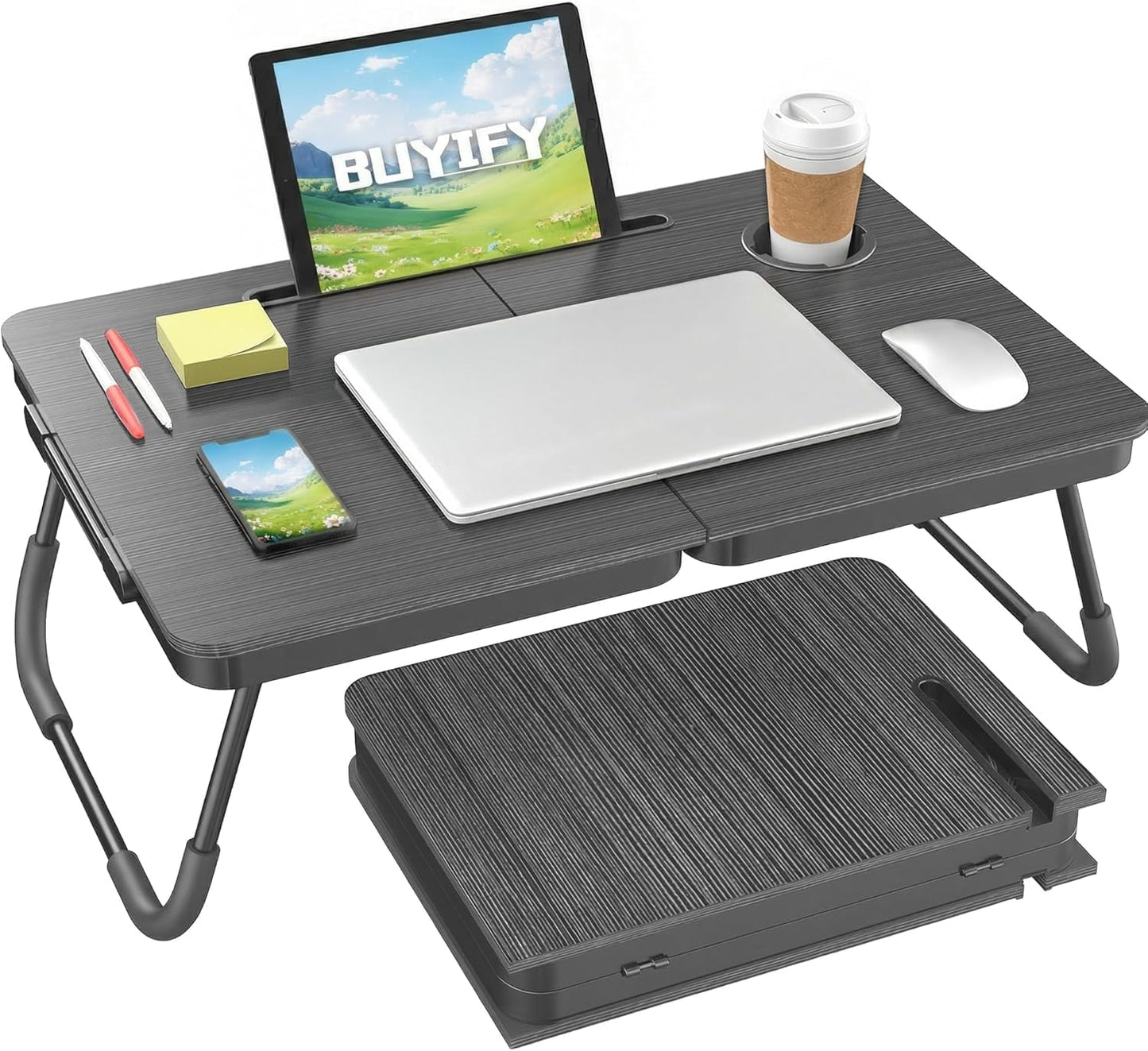 BUYIFY Portable Foldable Laptop Desk for Bed and Couch, Adjustable Lap Desk with Cup Holder and Phone Holder, Ideal for Working, Reading, Writing, and Breakfast (Black)-USA Original Patent