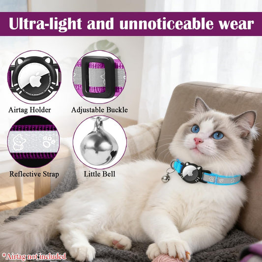 Airtag Cat Collar, Reflective Cat Collar with Apple Air Tag Holder, Breakaway GPS Tracker Pet Collar with Bell for Cat Kitten, Blue, XS(7-9 Inch)