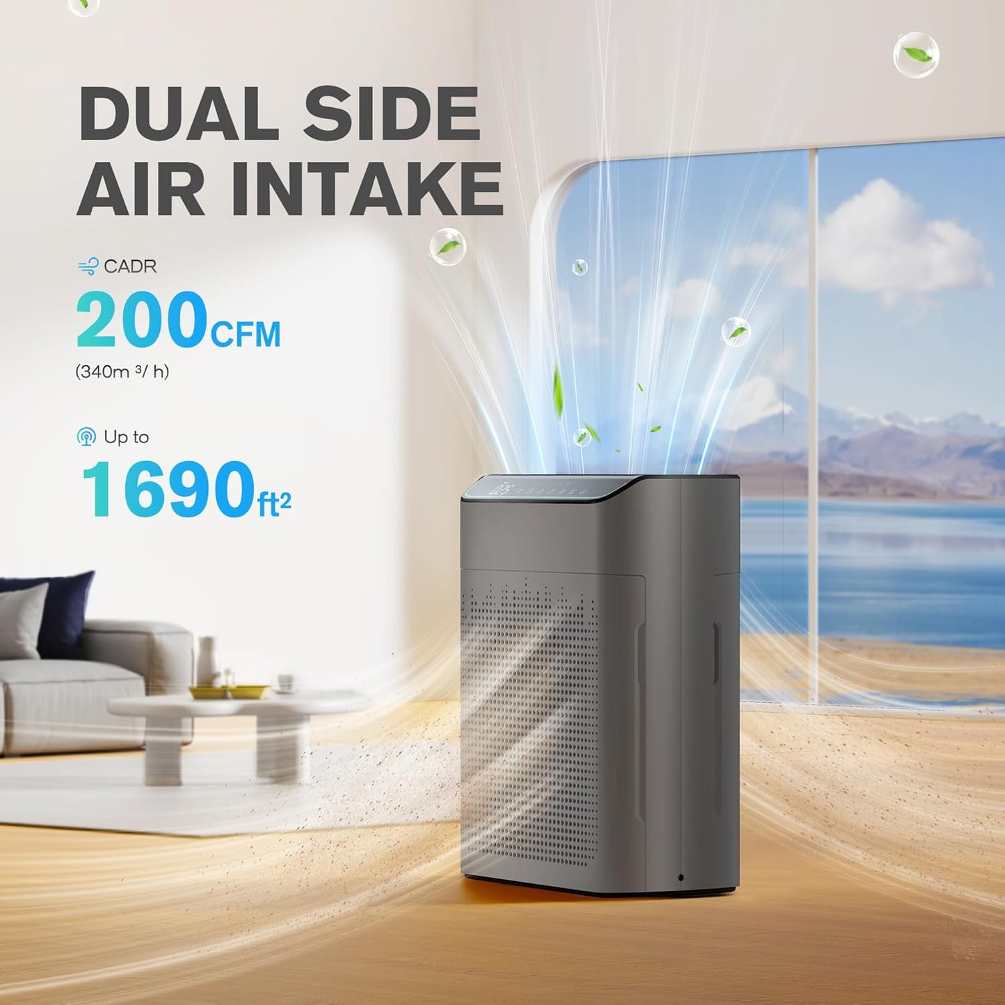 Smart HEPA Air Purifier for Large Rooms (Up to 1690 sq ft) with PM2.5 Air Quality Monitor, Wi-Fi & Voice Control, Dual Air Intake, Ultra Quiet 23dB Operation, Grey - PuriLite