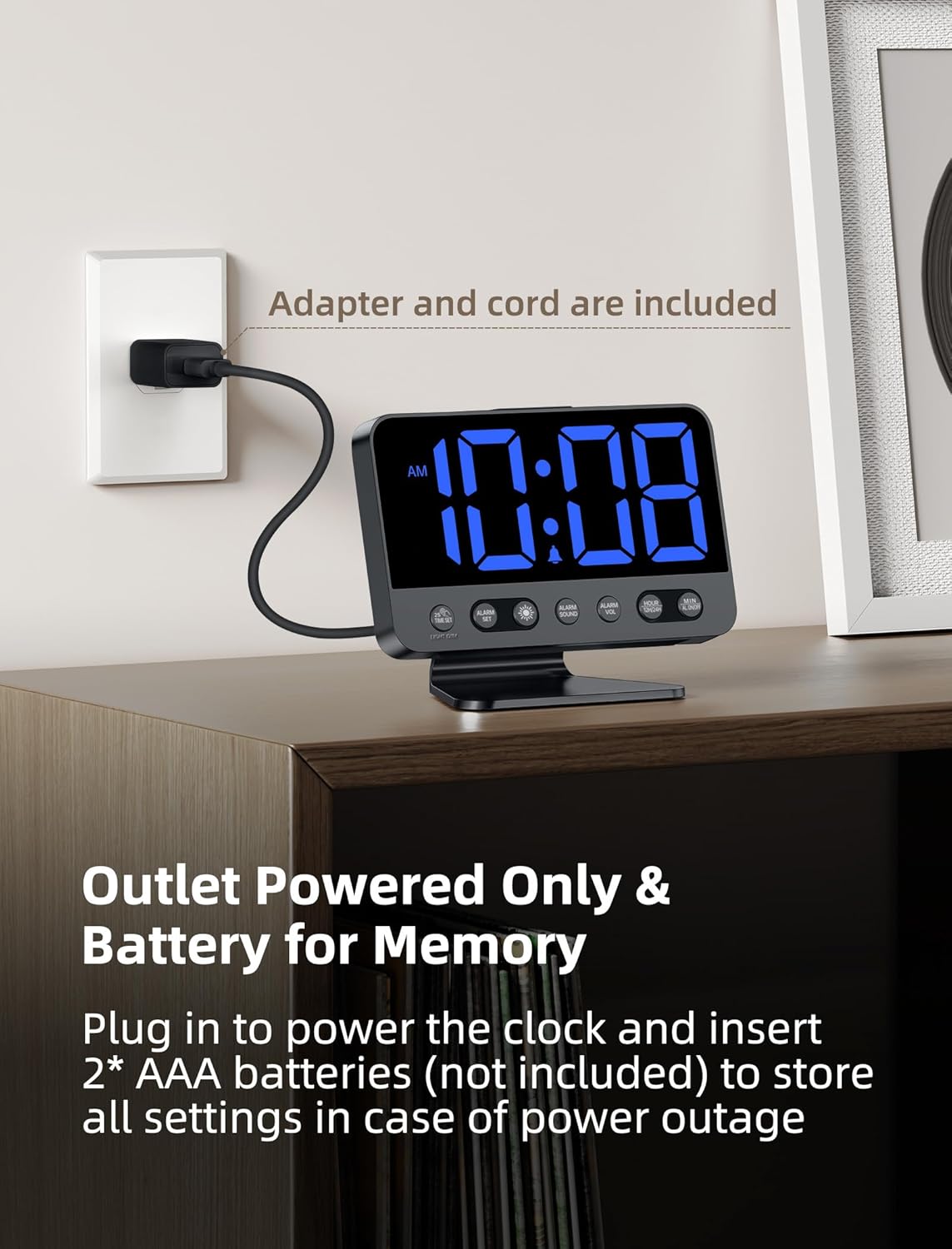 Odokee Digital Alarm Clocks for Bedrooms: Large Bold Number 5 Brightness Dimmer - Easy to Read Across The Room - 5 Alarm Sound 8 Night Light - Silver