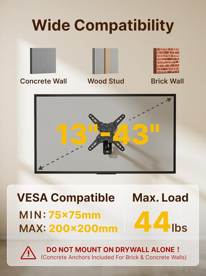 monTEK Full Motion TV Wall Mount Bracket for Most 13-43 Inch TVs, Wall Mount TV Bracket with Articulating Arm, Swivel Tilt Extension TV Mount, Max VESA 200x200mm, up to 44lbs - PuriLite