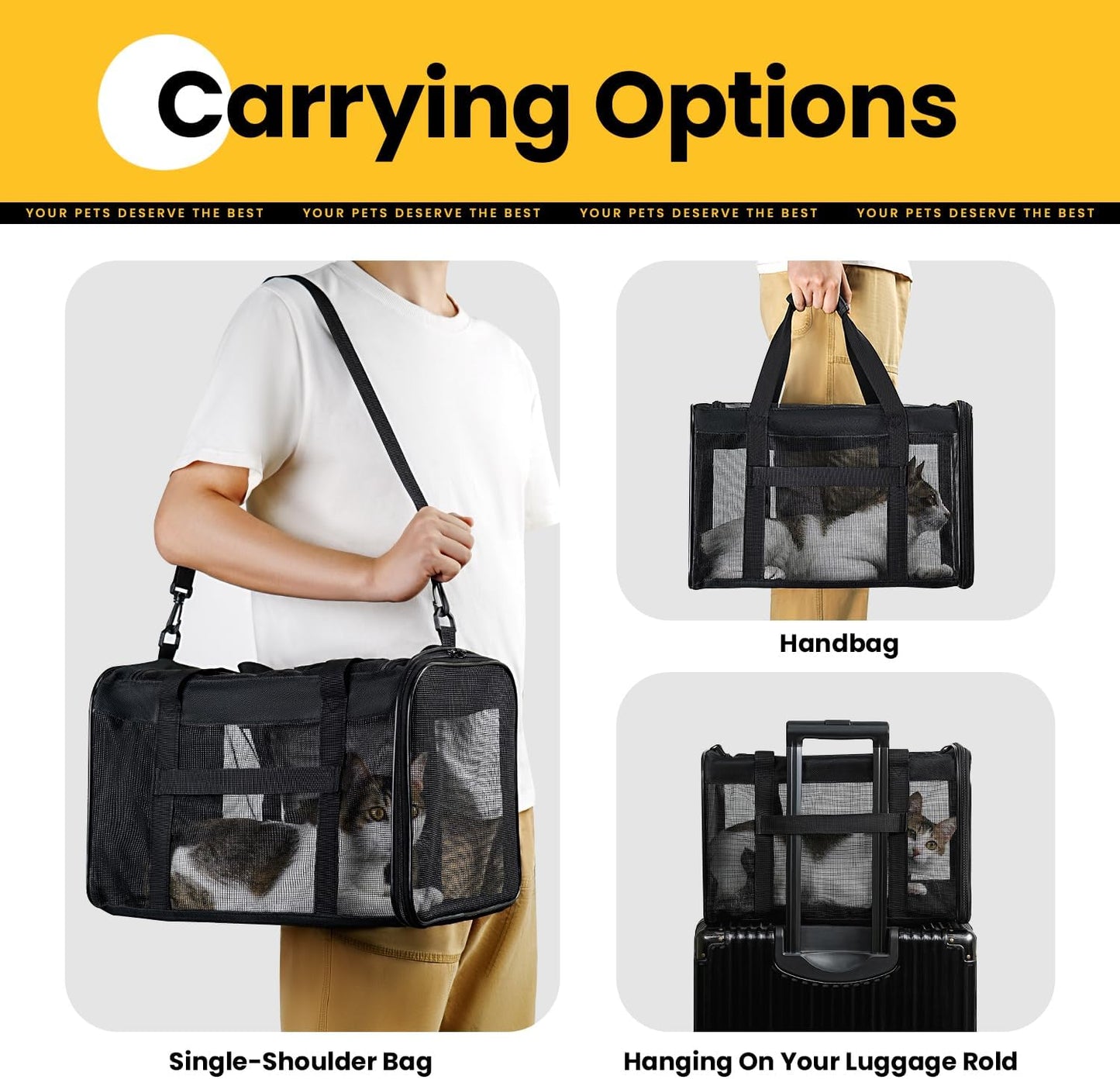 Conlun Cat Carrier Bag,Soft-Sided Pet Carriers for Dogs with 4-Sided Mesh,Airline Approved Cat Transport Carrier for Small&Medium Cats Kitten Puppy Up to 6Kg,Collapsible Cat Travel Carrier-M,Black