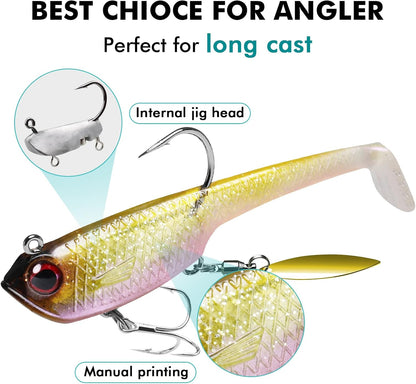 TRUSCEND Easy Catch Pre-Rigged Soft Lures, Unique Vibrating Swim Action and Trembly Sinking Move for More Bites, Amazing Soft Swimbait for Family Fishing, Fishing Lures for Bass Trout Crappie Walleye