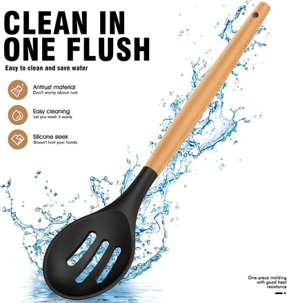 Silicone Cooking Utensils Set - Silicone Kitchen Utensils for Cooking Wooden Handles, 446°F Heat Resistant Kitchen Utensil Spatula Sets w Holder, Gadgets for Non-Stick Cookware BPA Free (Black)